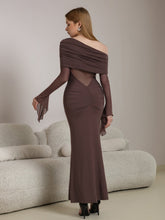 One Shoulder Spliced Ruched Trim Mermaid Mesh Dress